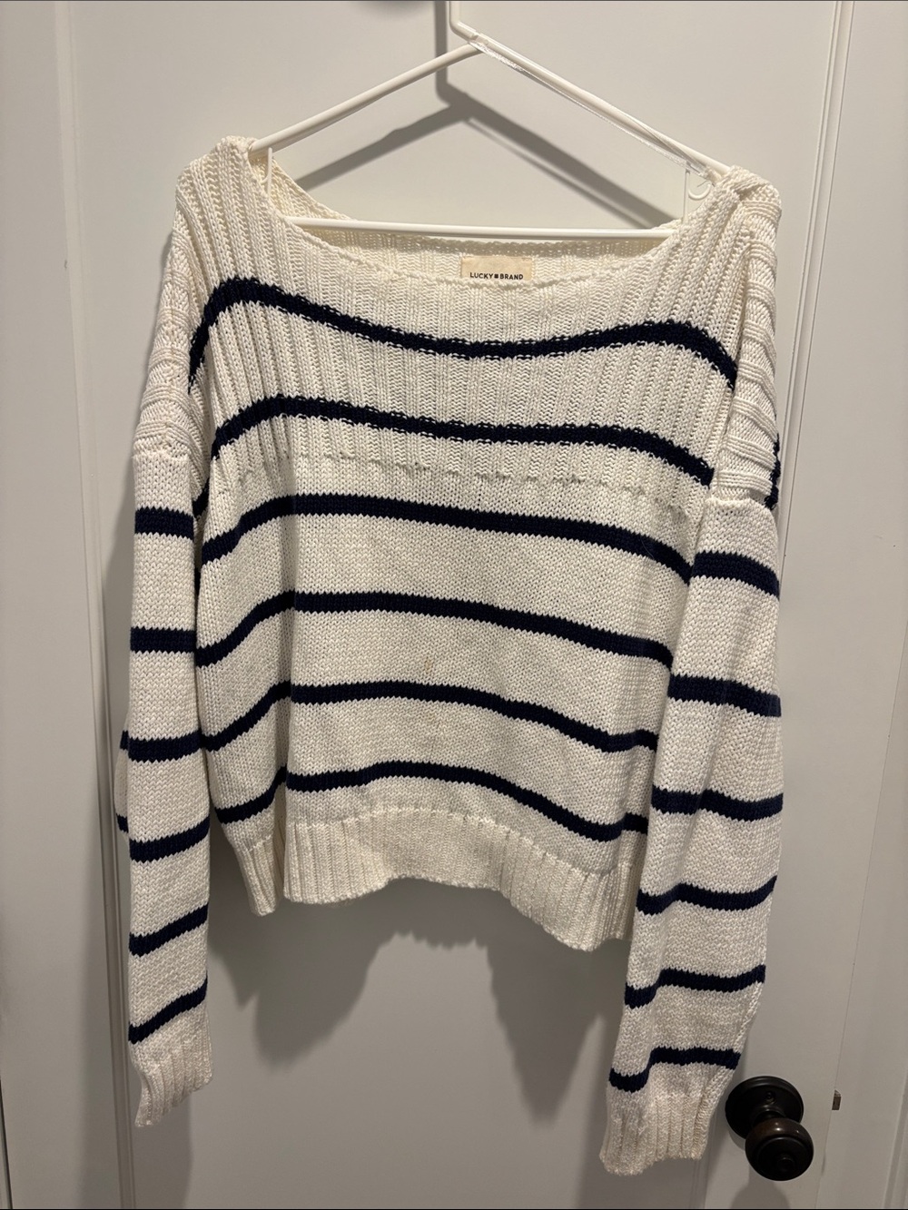 Lucky Brand Cream Crewneck Sweater with Navy Stripes